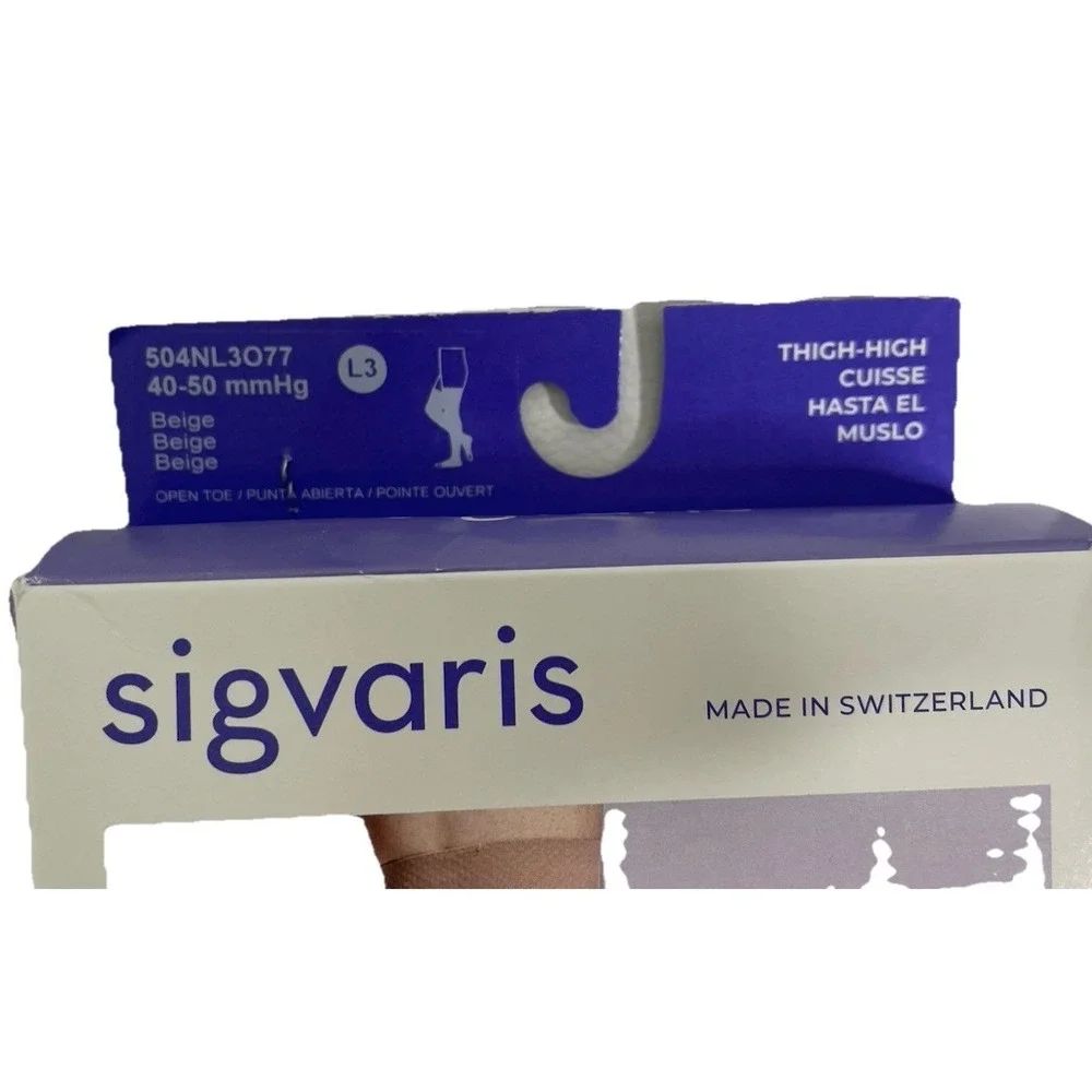 Sigvaris Natural Rubber Open Toe Thigh High Beige Grip Top 40-50mmHG L3